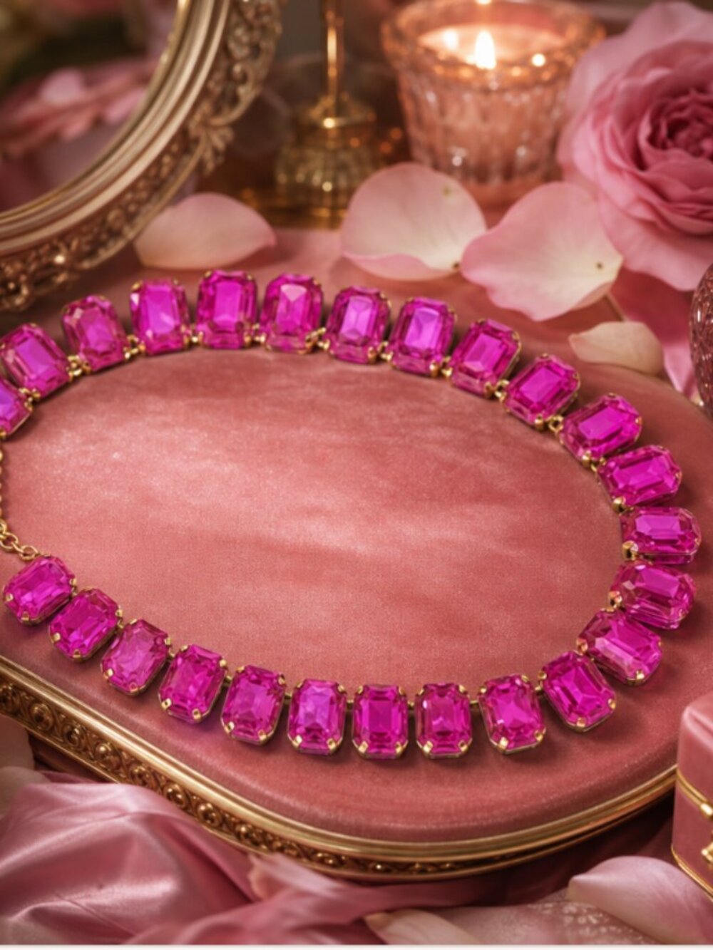 Hot Pink Fuchsia Crystal Statement Necklace Emerald Cut Gold Tone